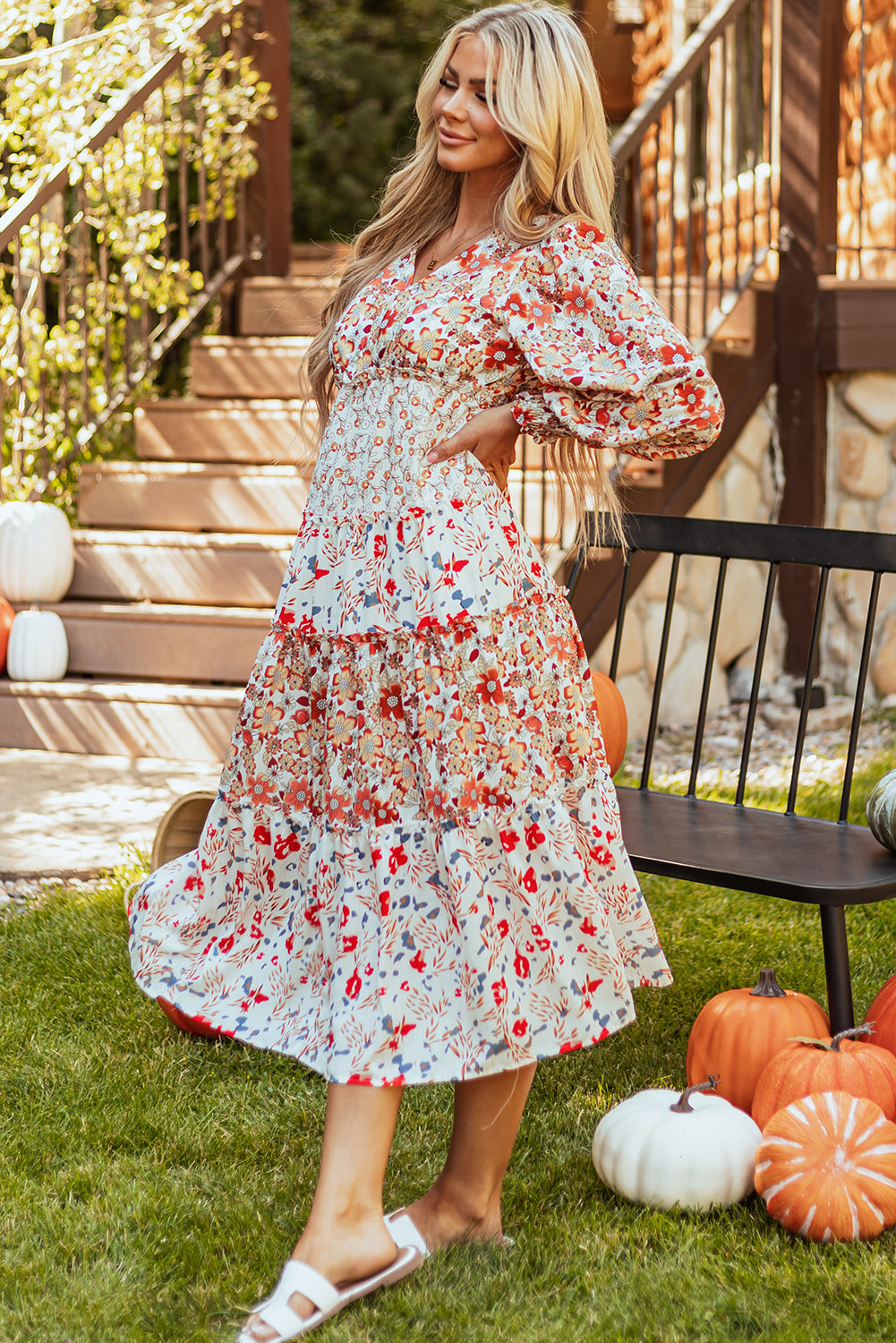 Khaki Floral Print Ruffled Tiered Long Sleeve V Neck Midi Dress - Glimmer Road 