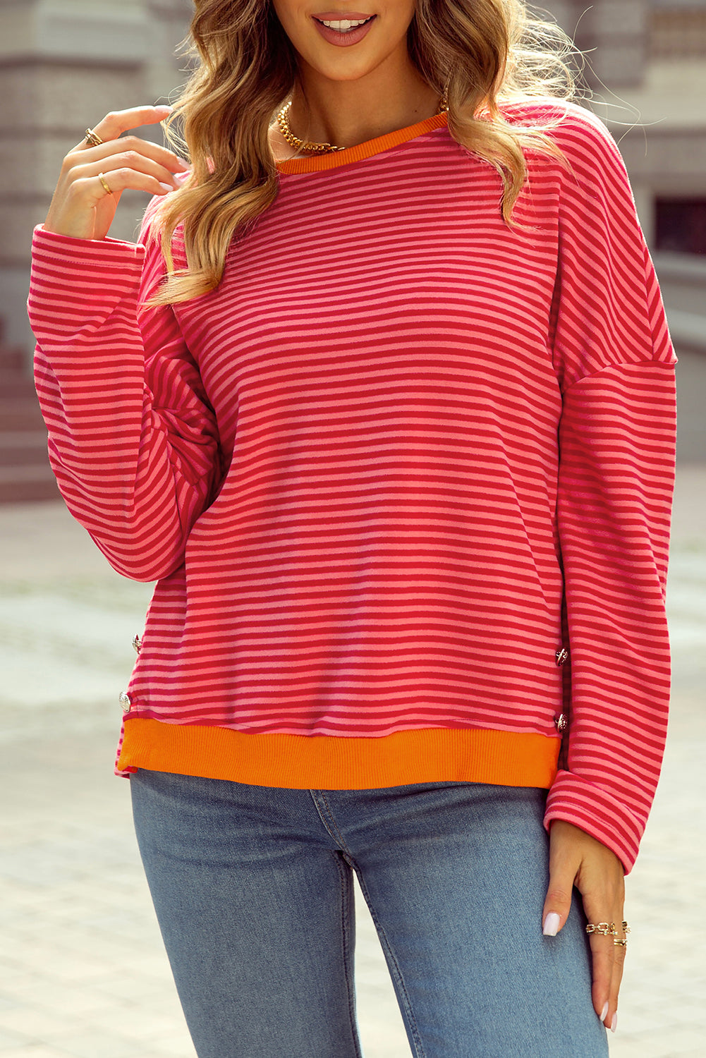 Tomato Red Two Tone Striped Side Buttons Drop Shoulder Top - Glimmer Road 