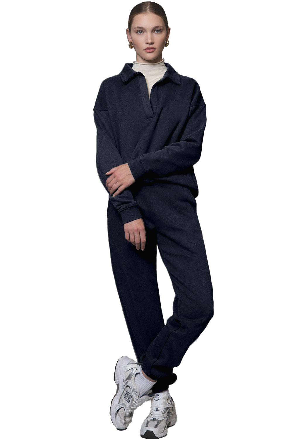 Navy Blue Fold Down Collar Pullover and Joggers Tracksuit