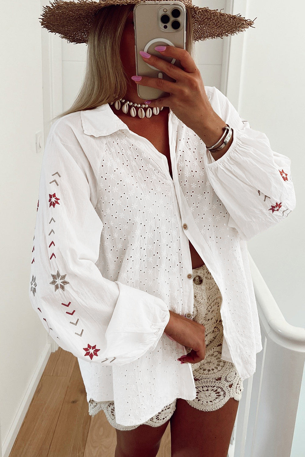 White Floral Embroidered Puff Sleeve Eyelet Patchwork Shirt