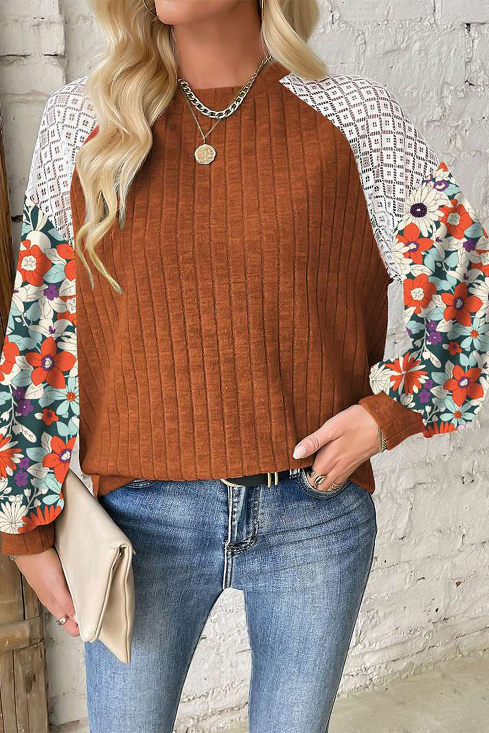 Cinnamon Floral Patchwork Long Sleeve Ribbed Blouse