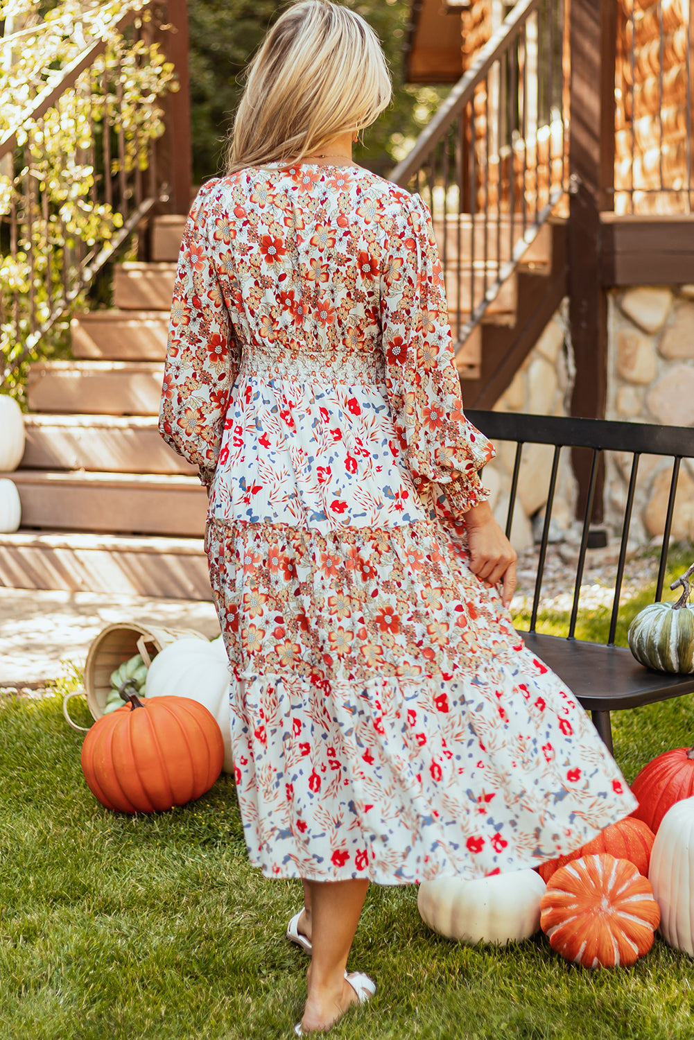 Khaki Floral Print Ruffled Tiered Long Sleeve V Neck Midi Dress - Glimmer Road 