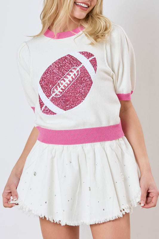 Pink Sequin Rugby Color Block Puff Short Sleeve Sweater