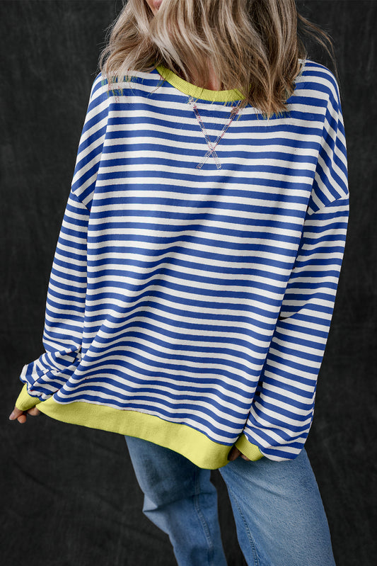 Blue Stripe Oversized Contrast Trim Pullover Sweatshirt - Glimmer Road 