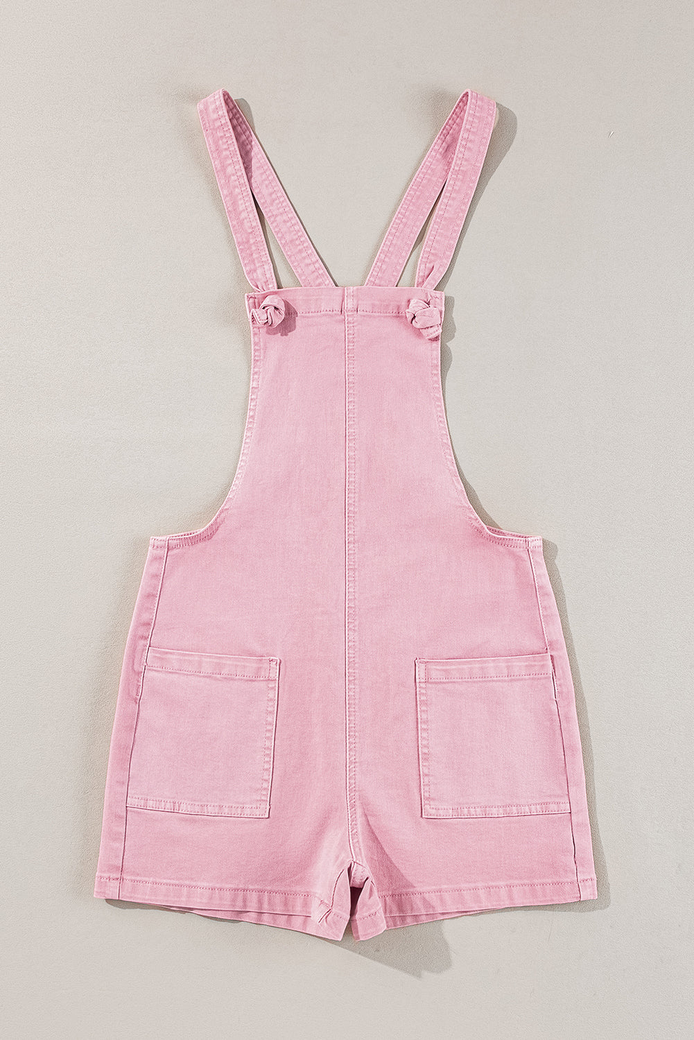 Pink Solid Color Knot Straps Denim Romper with Pockets