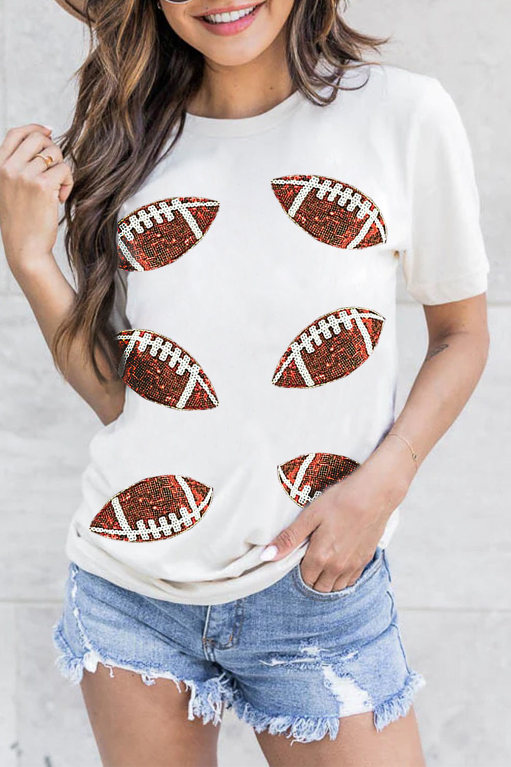 White Sequined Rugby Football Graphic Cotton T Shirt - Glimmer Road 