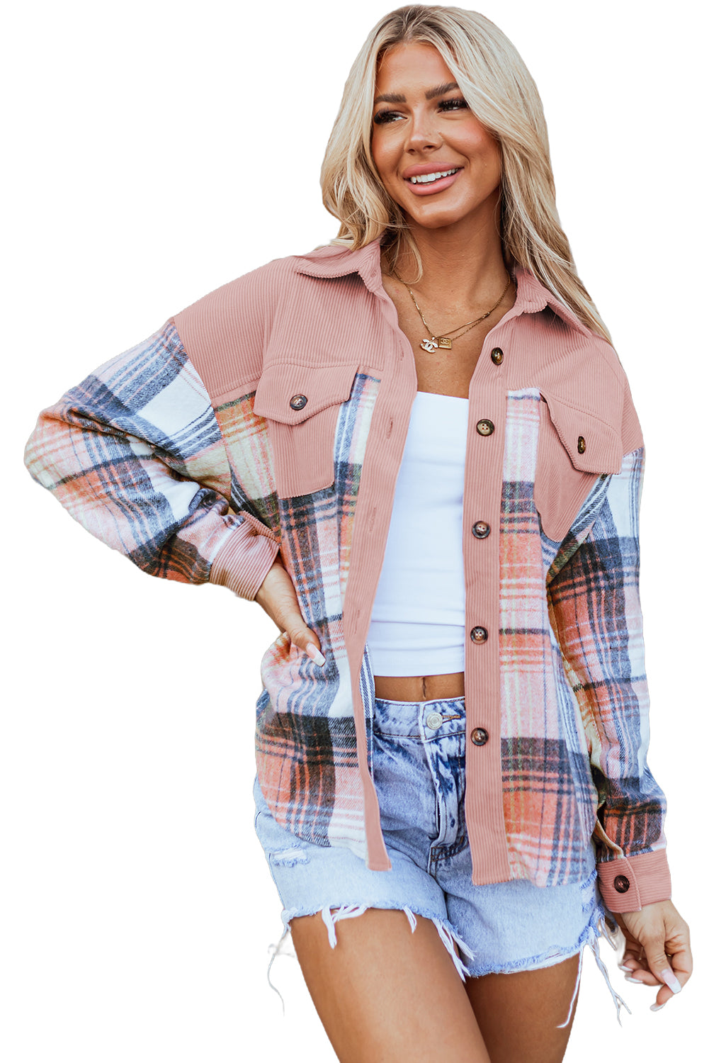 Light Pink Plaid Corduroy Patchwork Chest Pocket Shacket - Glimmer Road 