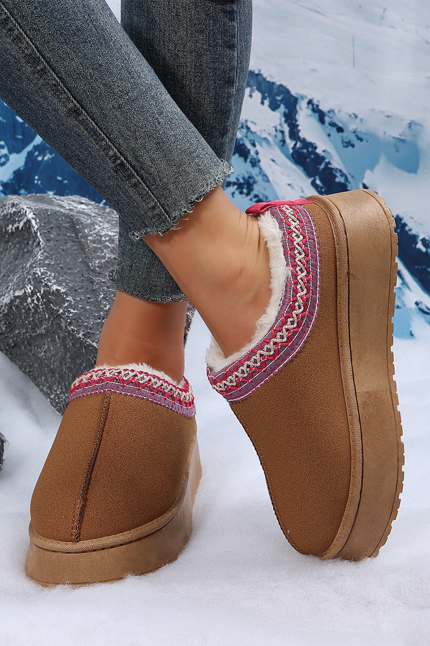 Chestnut Contrast Print Suede Plush Lined Snow Boots - Glimmer Road 
