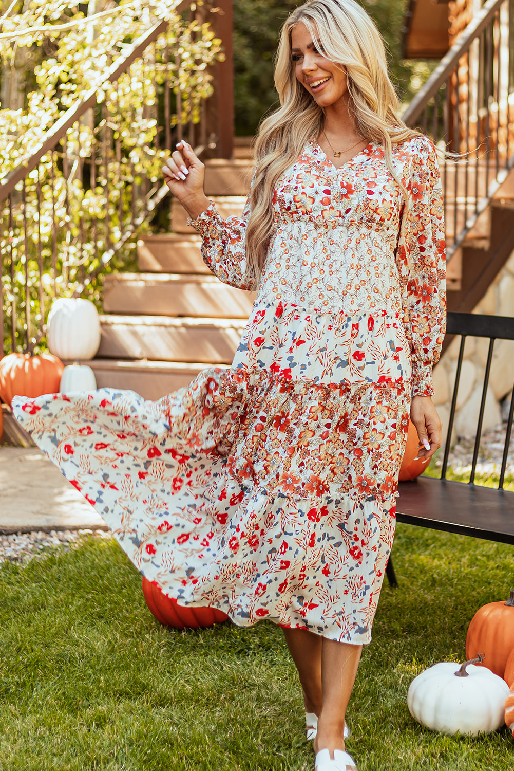 Khaki Floral Print Ruffled Tiered Long Sleeve V Neck Midi Dress - Glimmer Road 