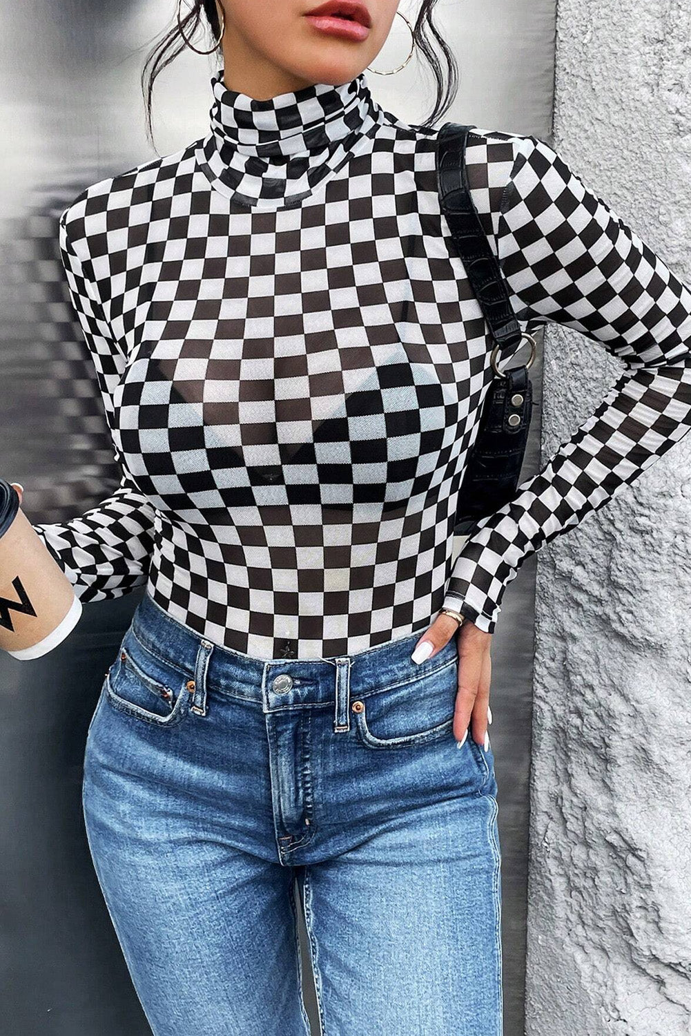 Brown Checkered Printed Long Sleeve High Neck Bodysuit