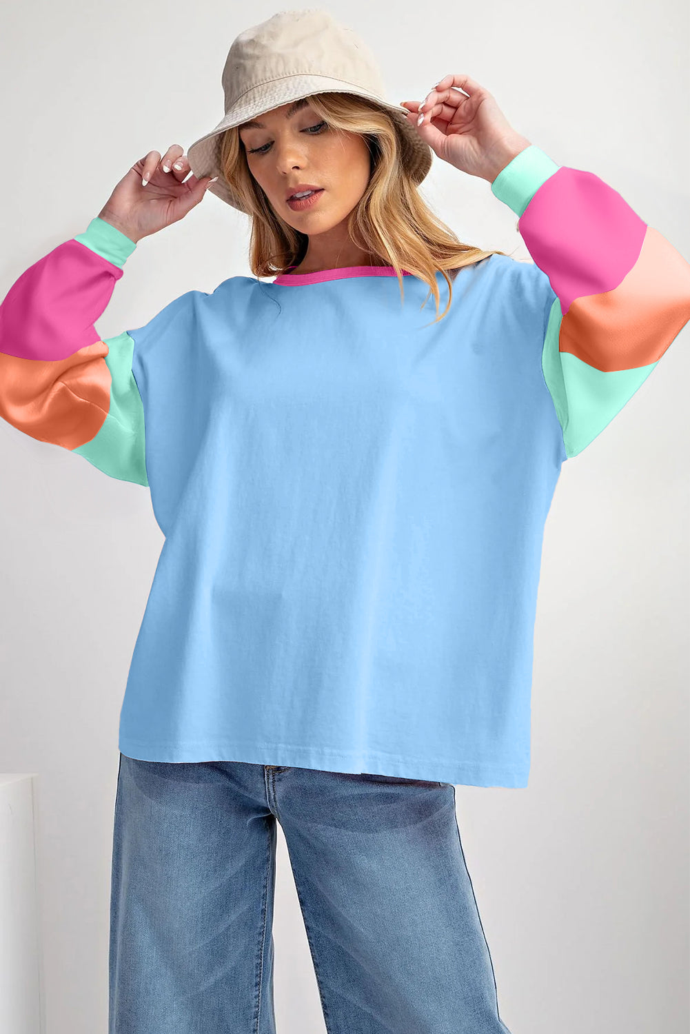 Dark Blue Colorblock Patchwork Long Sleeve Loose Top - Glimmer Road 