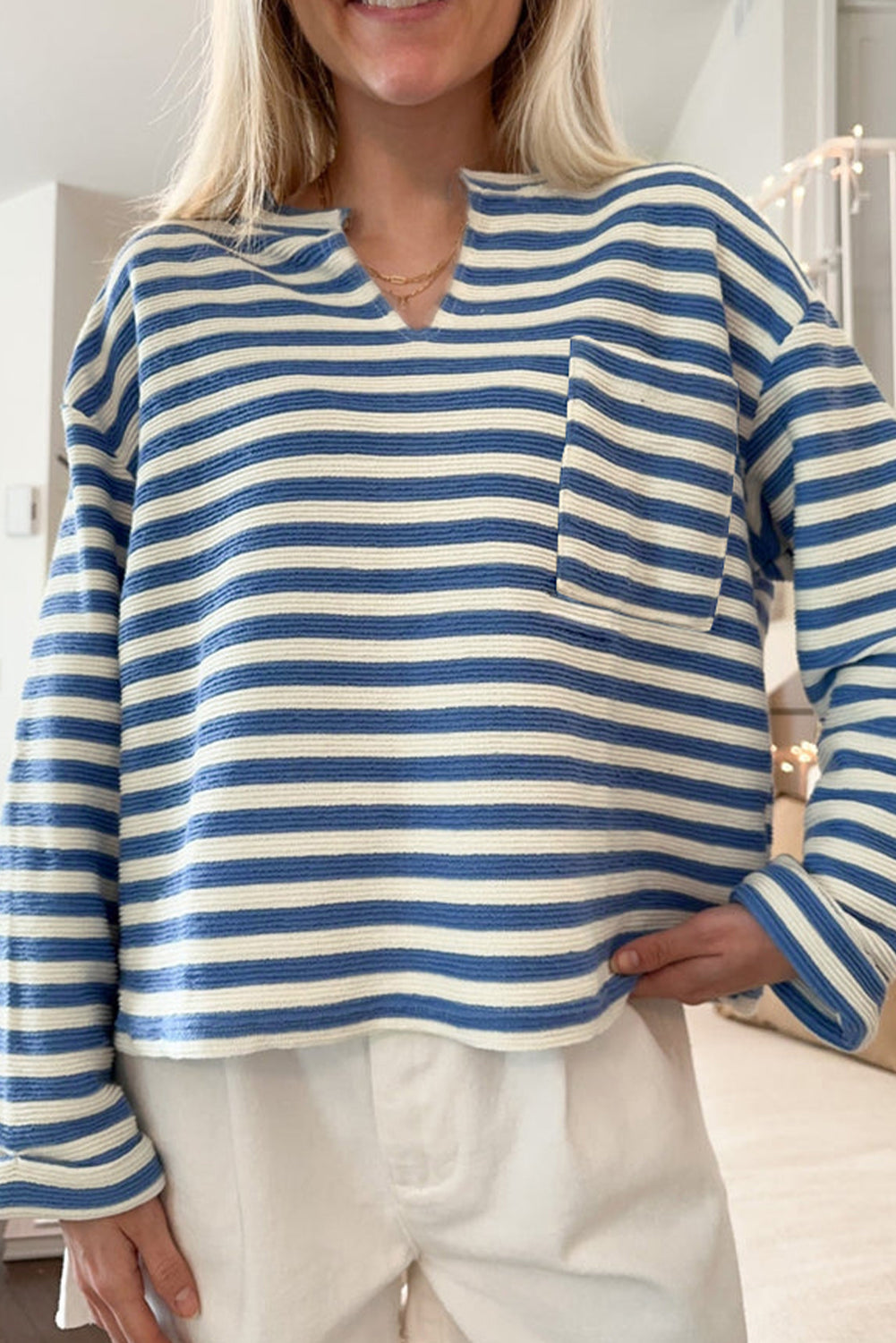 Sky Blue Stripe Chest Pocket Buttoned Back Notched V Neck Top