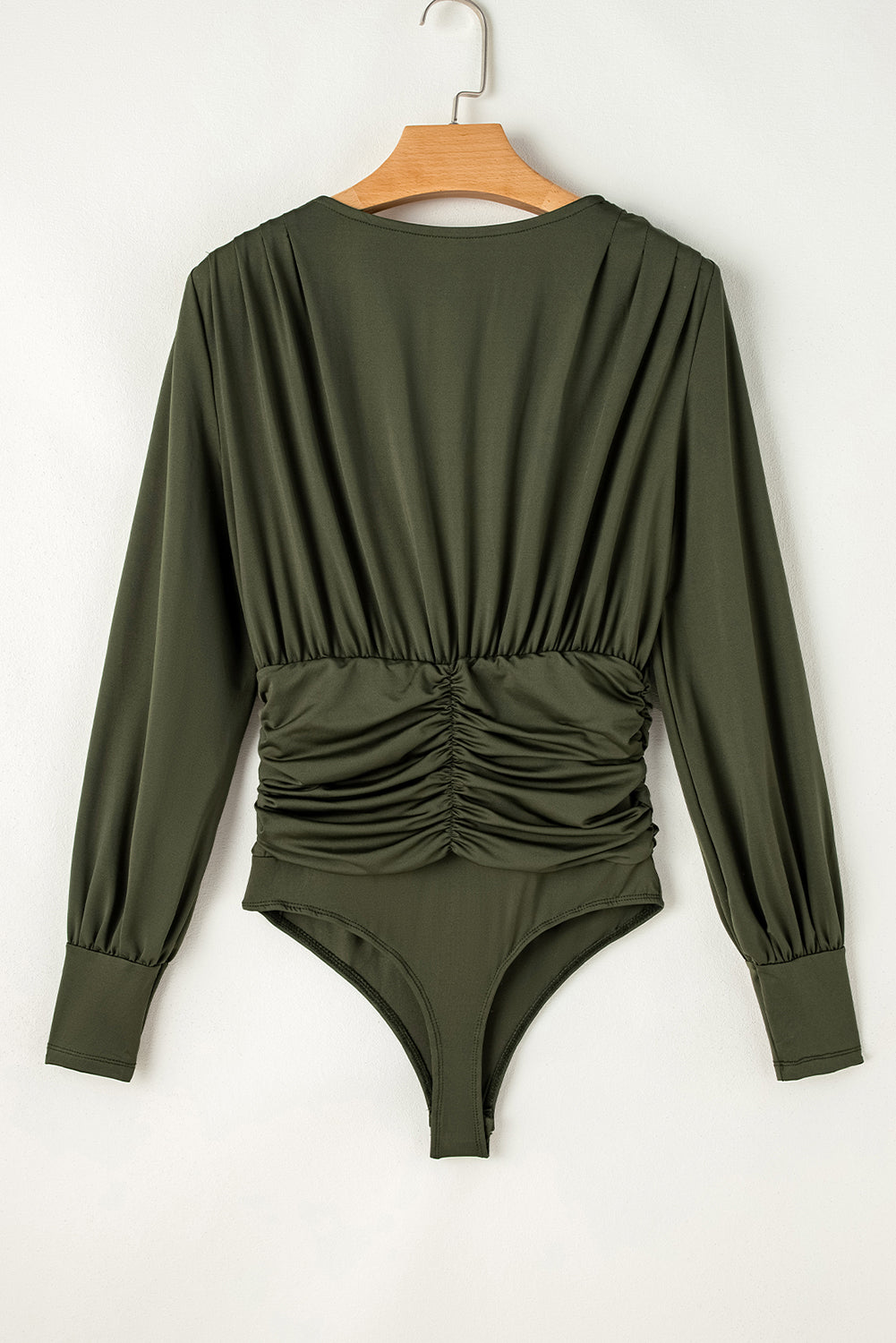 Moss Green Ruched Wrap V Neck Long Sleeve Bodysuit - Glimmer Road 