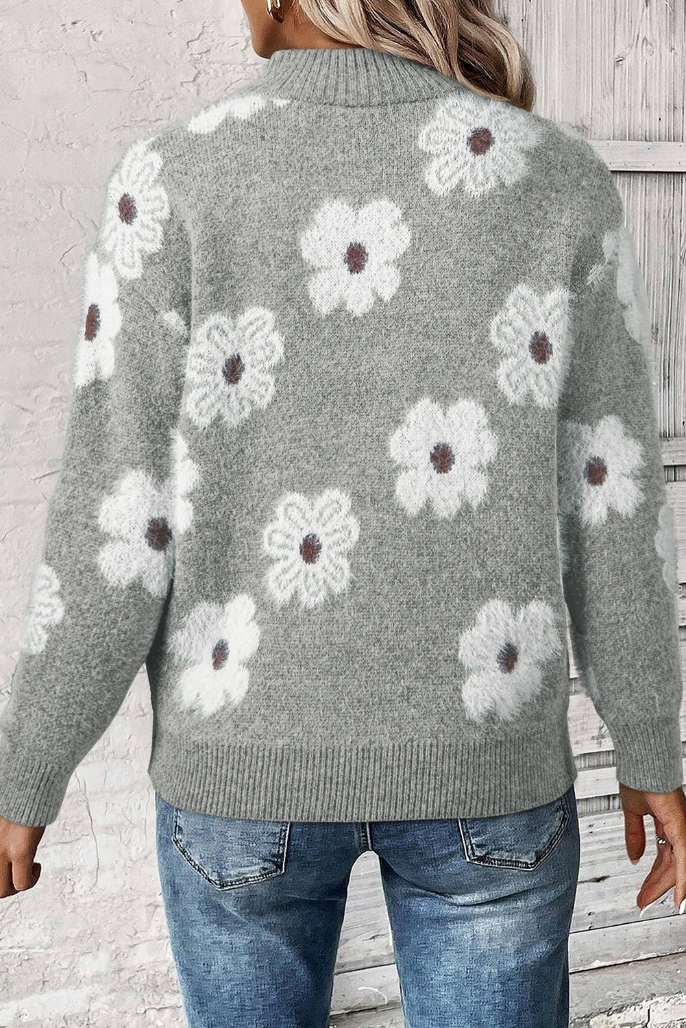 Gray Floral Pattern Half Zip Drop Shoulder Sweater - Glimmer Road 