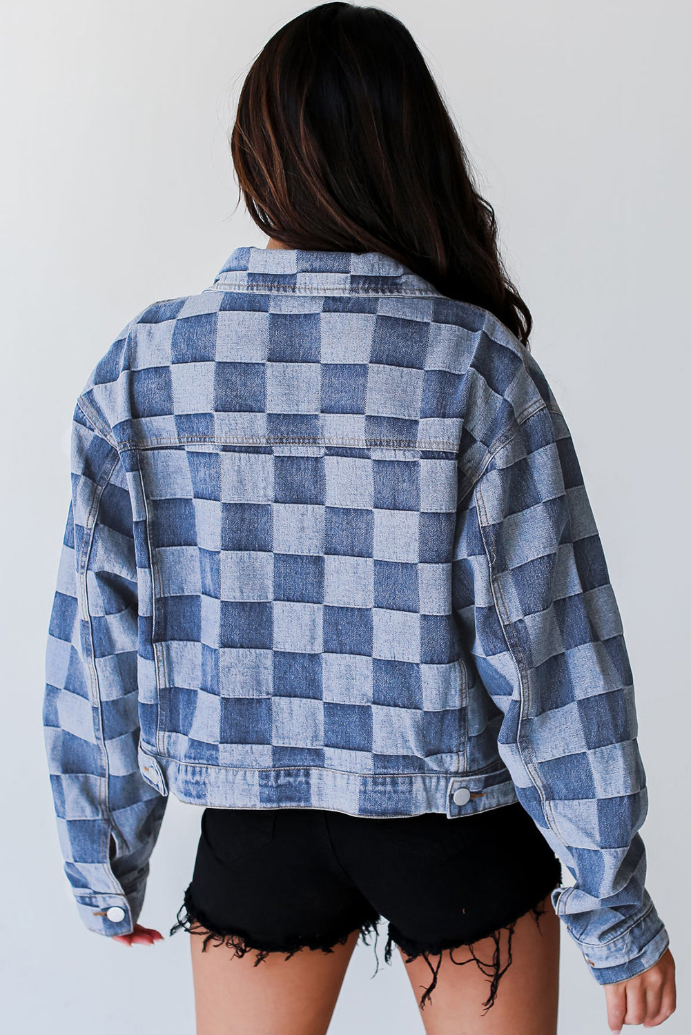 Light Blue Checkered Patchwork Button up Denim Jacket - Glimmer Road 