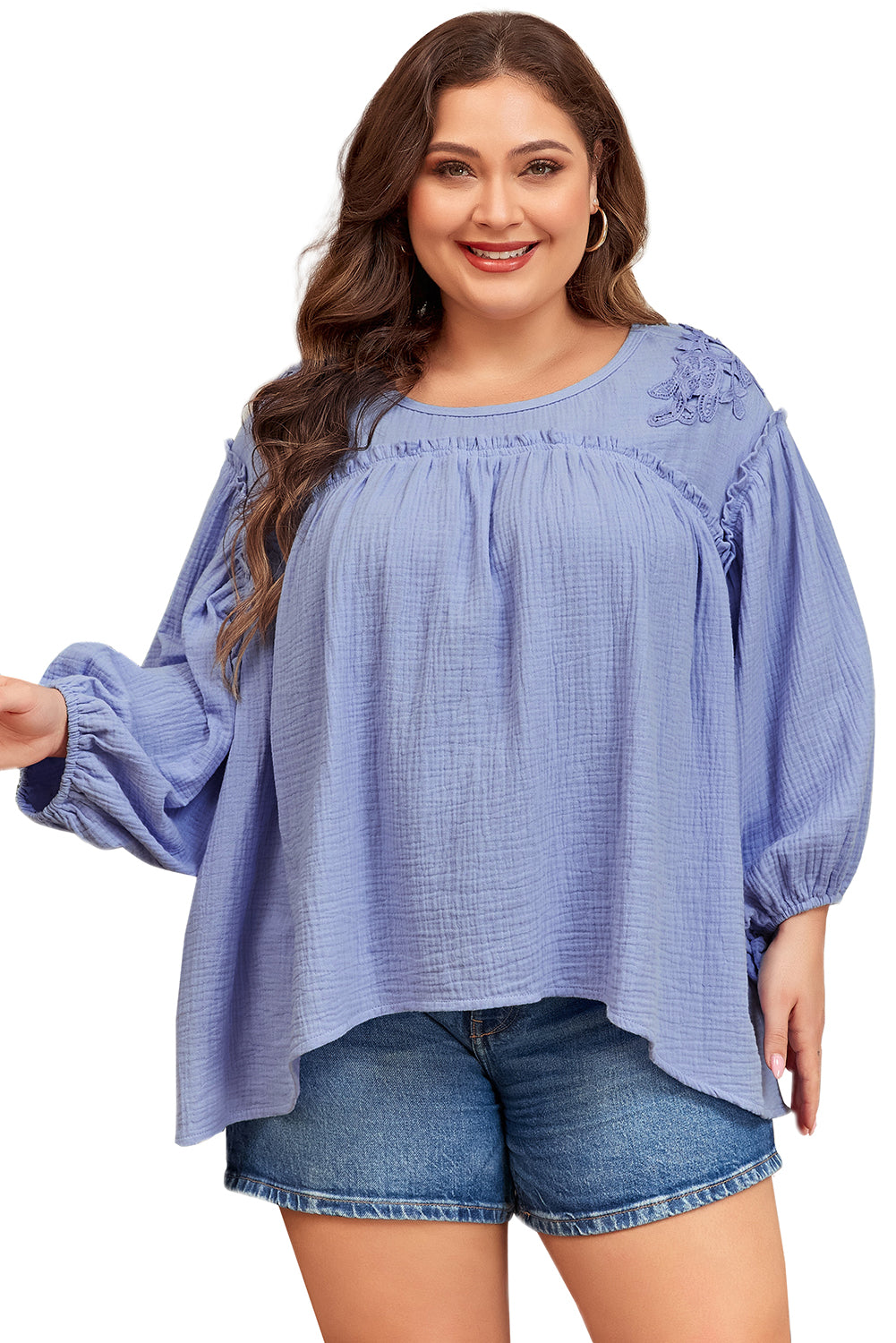 Beau Blue Plus Size Crochet Bracelet Sleeve Babydoll Blouse