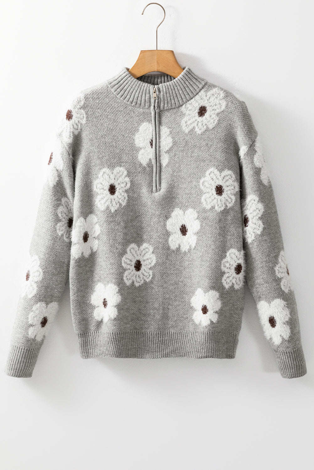 Gray Floral Pattern Half Zip Drop Shoulder Sweater - Glimmer Road 