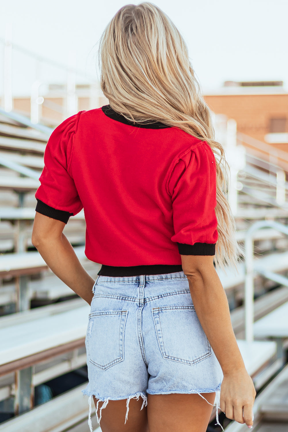 Pink Sequin Rugby Color Block Puff Short Sleeve Sweater