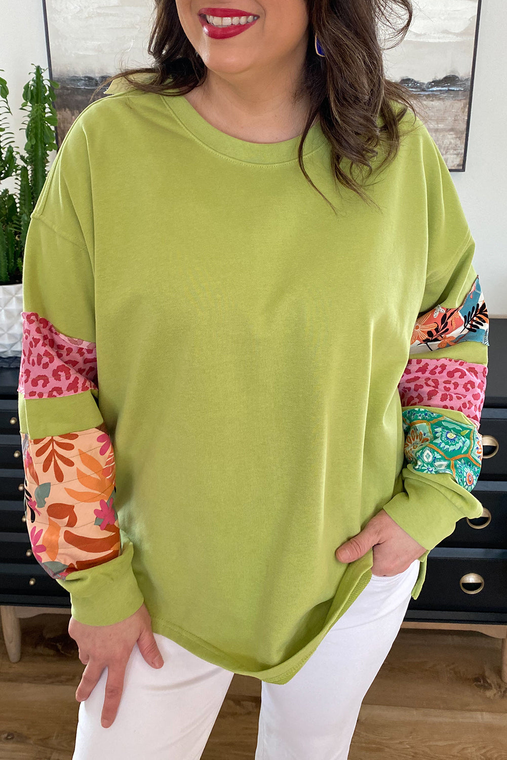 Beige Plus Size Printed Patchwork Sleeve Split Sweatshirt - Glimmer Road 