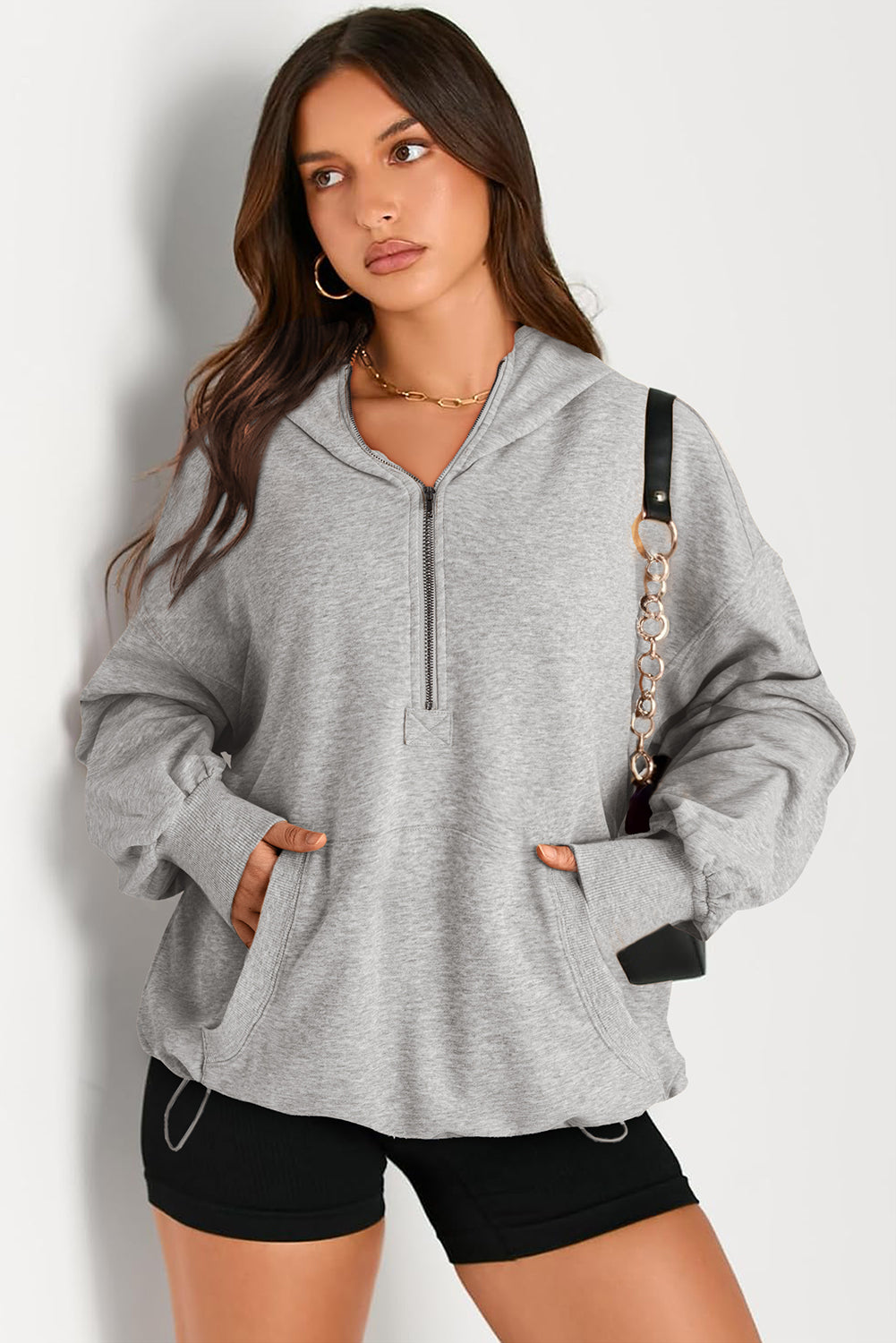 Light Grey Solid Kangaroo Pocket Half Zipper Oversized Hoodie - Glimmer Road 