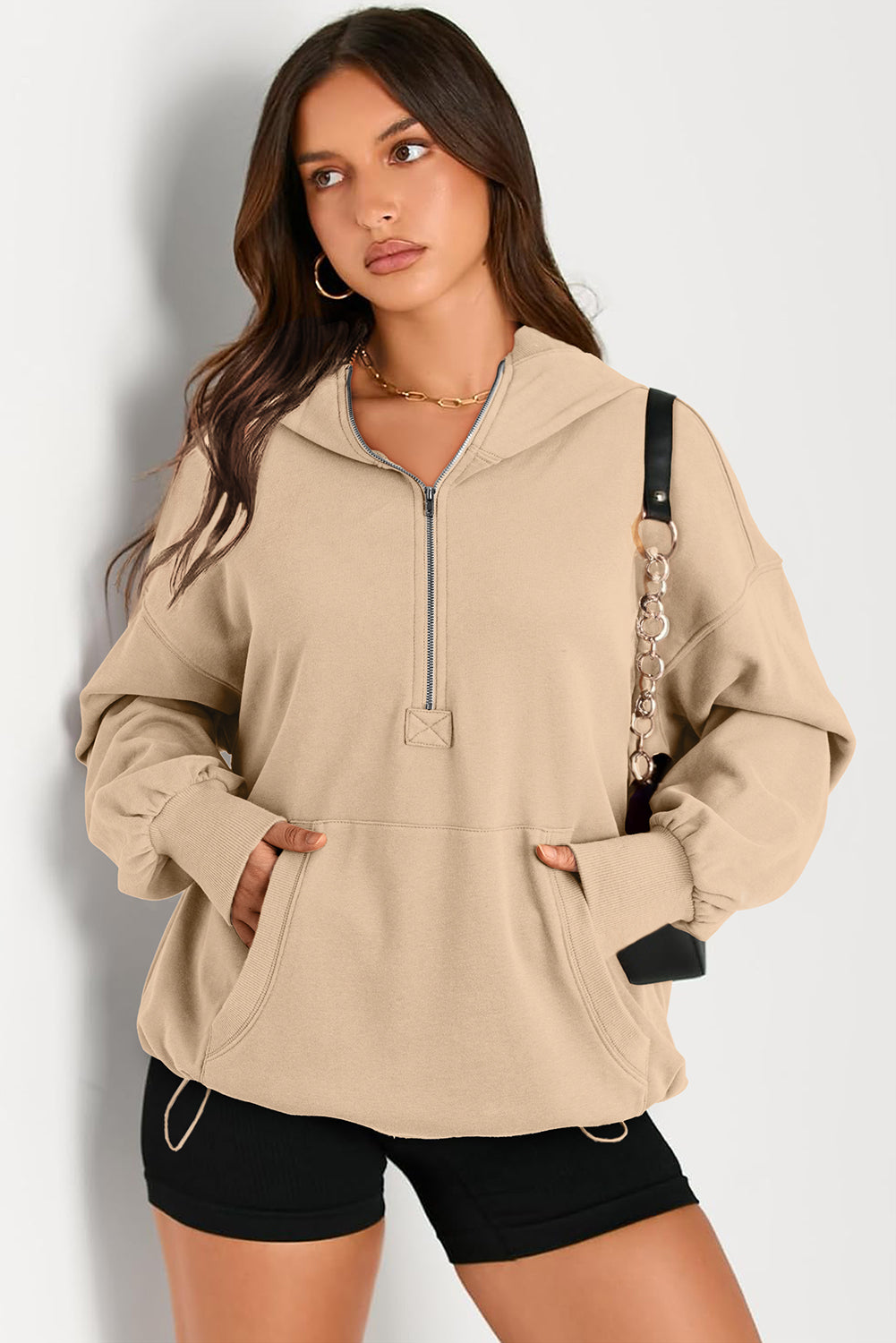 Orange Solid Kangaroo Pocket Half Zipper Oversized Hoodie