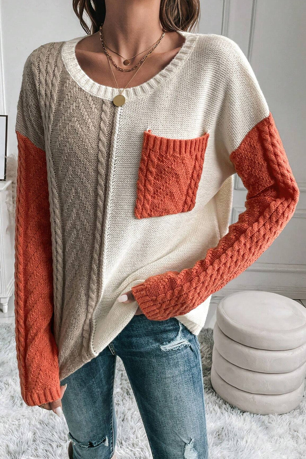 Gold Flame Colorblock Patched Pocket Drop Shoulder Sweater - Glimmer Road 