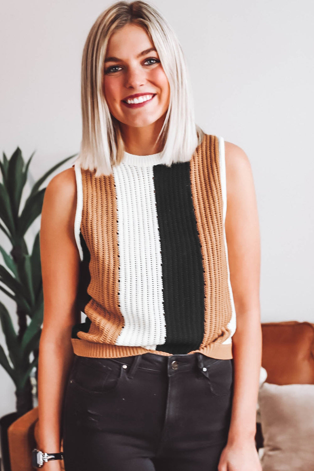 Khaki Stripe Color Block Sleeveless Knitted Sweater Vest