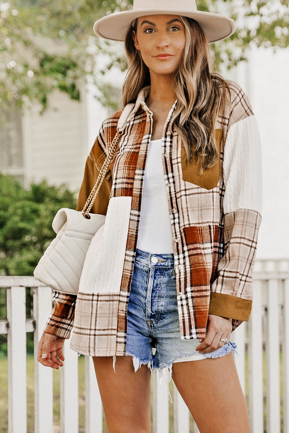 Orange Plaid Color Block Patchwork Shirt Jacket with Pocket - Glimmer Road 