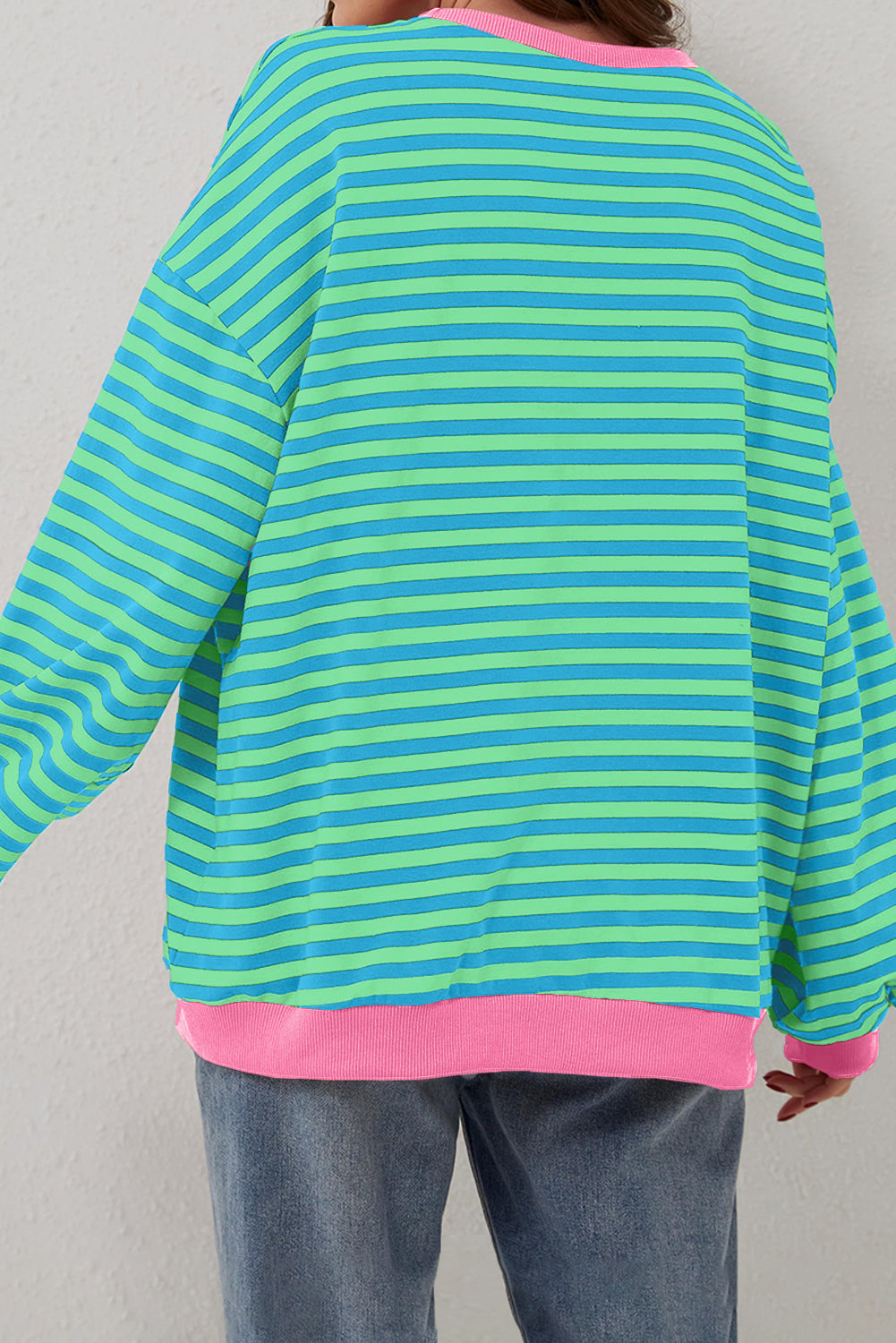 Sky Blue Stripe Oversized Contrast Trim Pullover Sweatshirt - Glimmer Road 