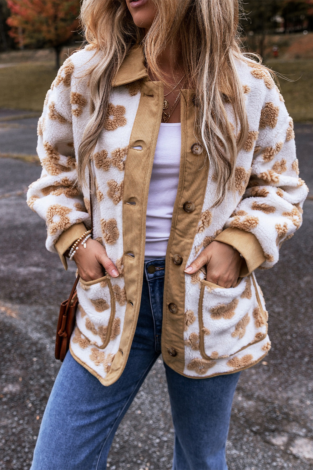 Light French Beige Cute Flower Pattern Button Up Fleece Jacket - Glimmer Road 