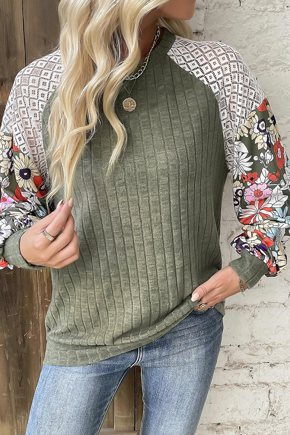 Laurel Green Floral Patchwork Long Sleeve Ribbed Blouse - Glimmer Road 