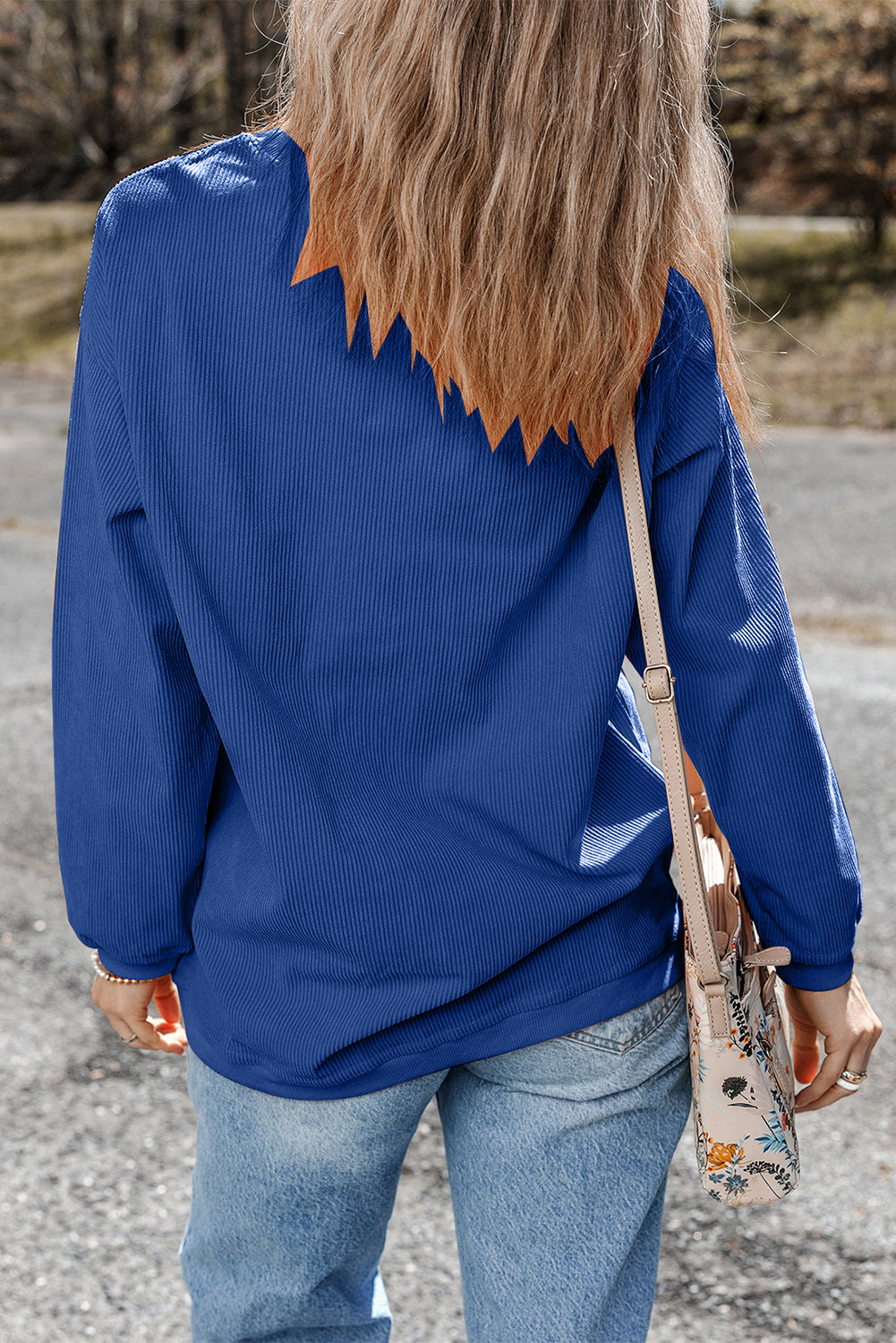 Dark Blue Ribbed Corduroy Oversized Sweatshirt - Glimmer Road 