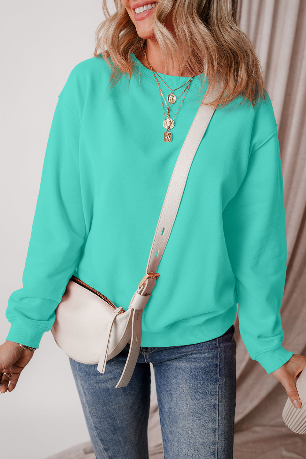 Smoke Green Solid Fleece Lined Drop Shoulder Terry Sweatshirt - Glimmer Road 