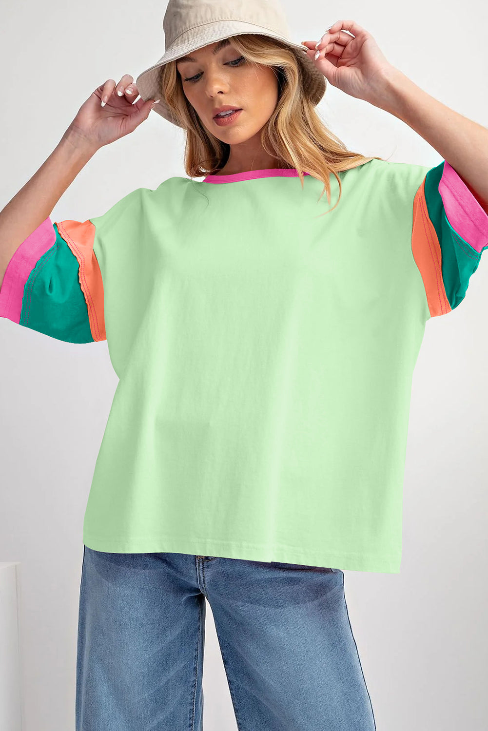 Green Color Block Stitching Sleeve Round Neck Oversize Top - Glimmer Road 