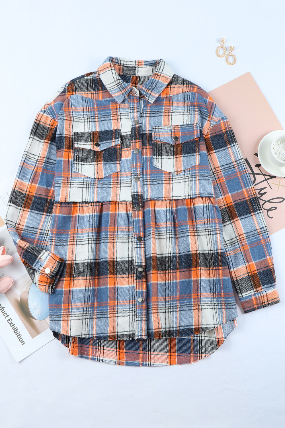 Multicolor Plaid Button Down Ruffled Shirt Jacket - Glimmer Road 