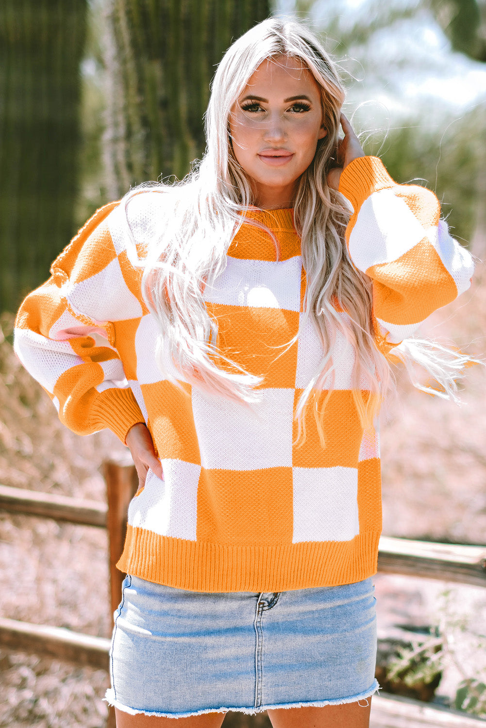 Orange Checkered Bishop Sleeve Sweater - Glimmer Road 