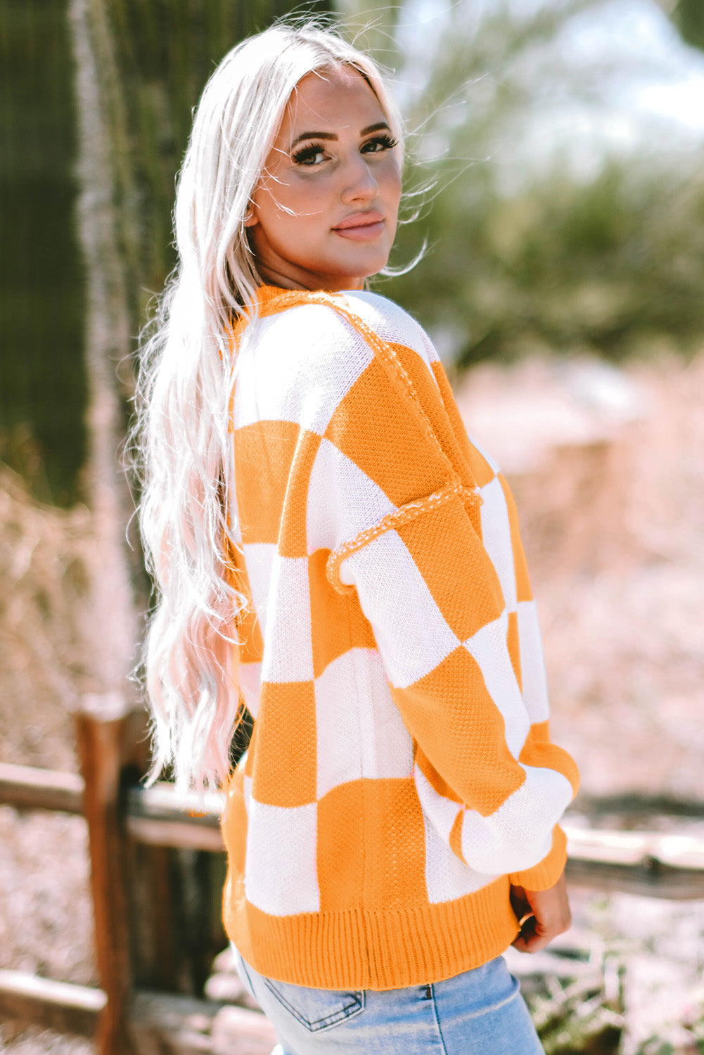 Orange Checkered Bishop Sleeve Sweater - Glimmer Road 