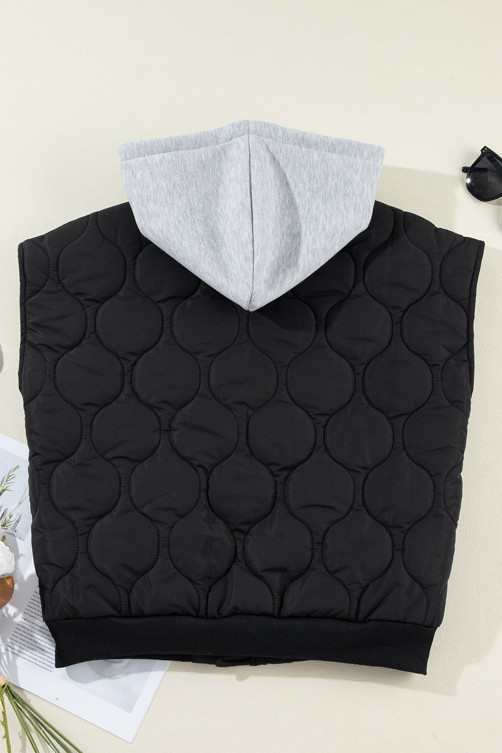 Black Quilted Drawstring Hooded Zip Up Puffer Vest - Glimmer Road 