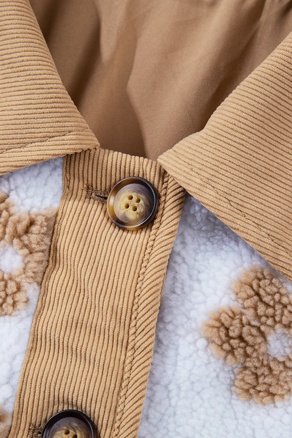 Light French Beige Cute Flower Pattern Button Up Fleece Jacket - Glimmer Road 