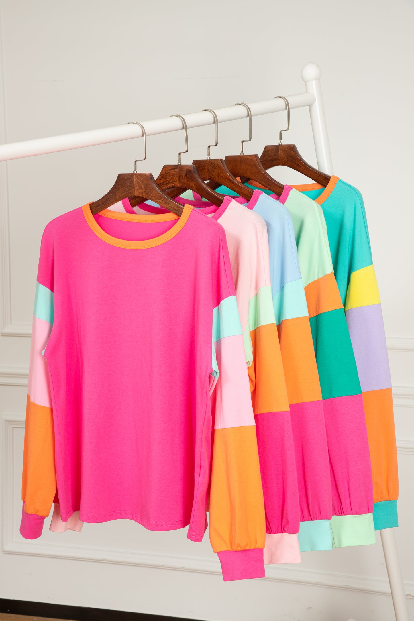 Light Blue Colorblock Patchwork Long Sleeve Loose Top - Glimmer Road 