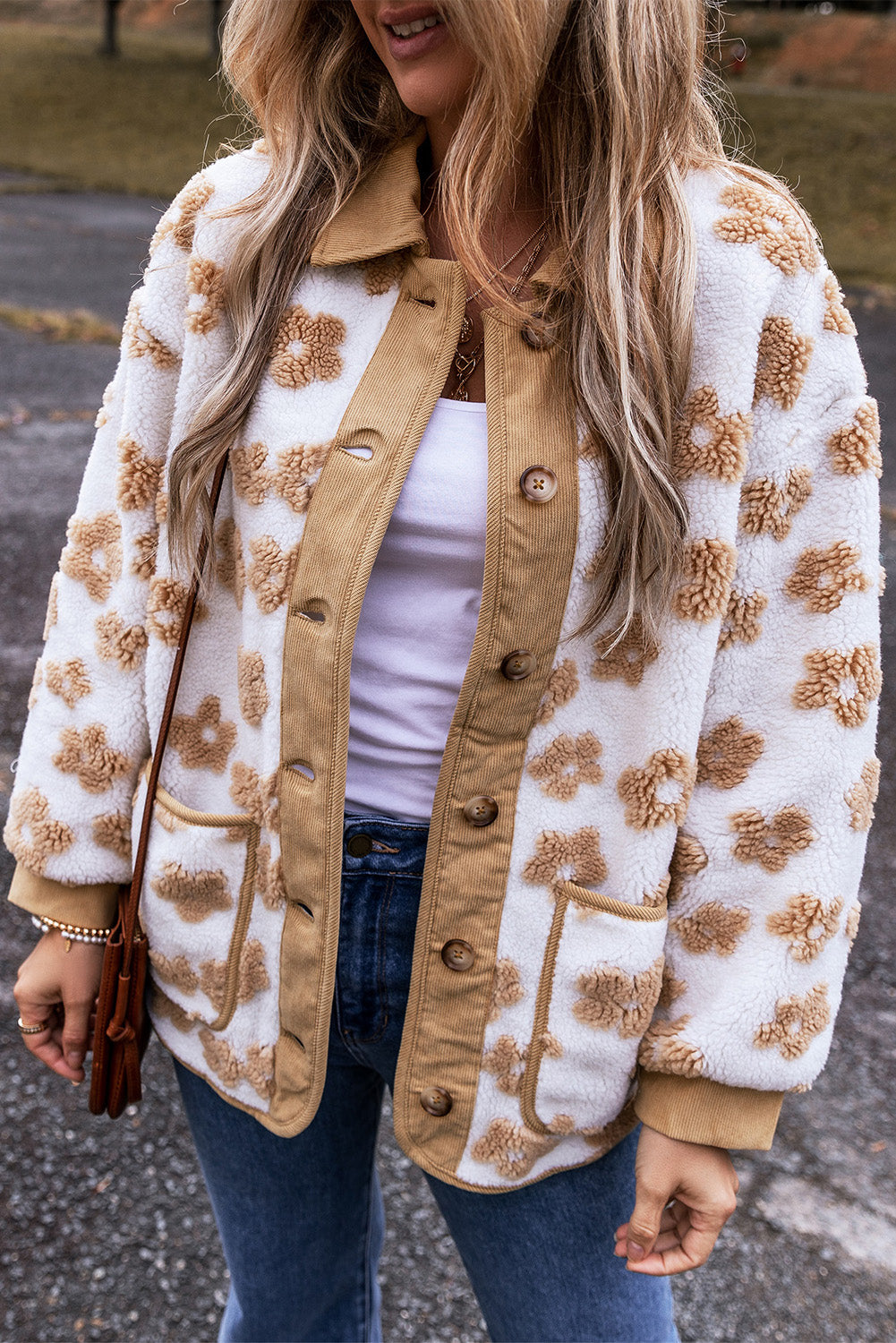 Light French Beige Cute Flower Pattern Button Up Fleece Jacket - Glimmer Road 