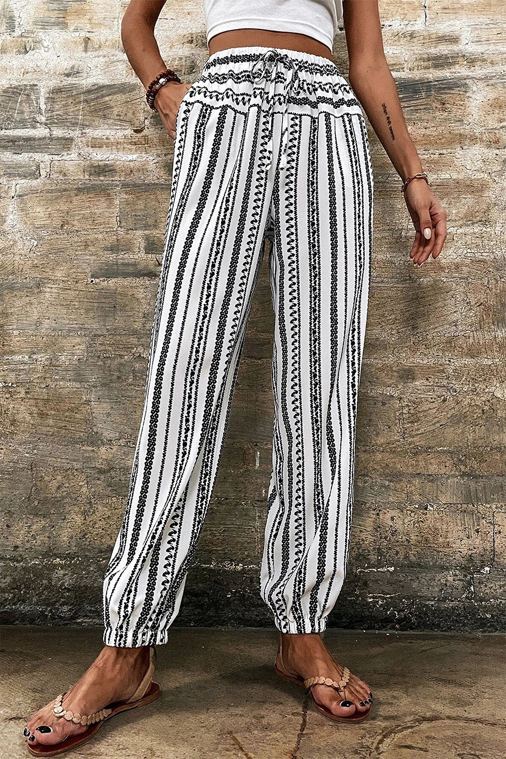 Black Stripe Boho Striped Print Casual Pants - Glimmer Road 