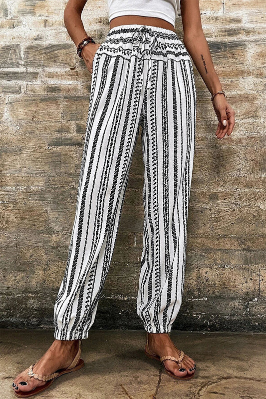 Black Stripe Boho Striped Print Casual Pants - Glimmer Road 