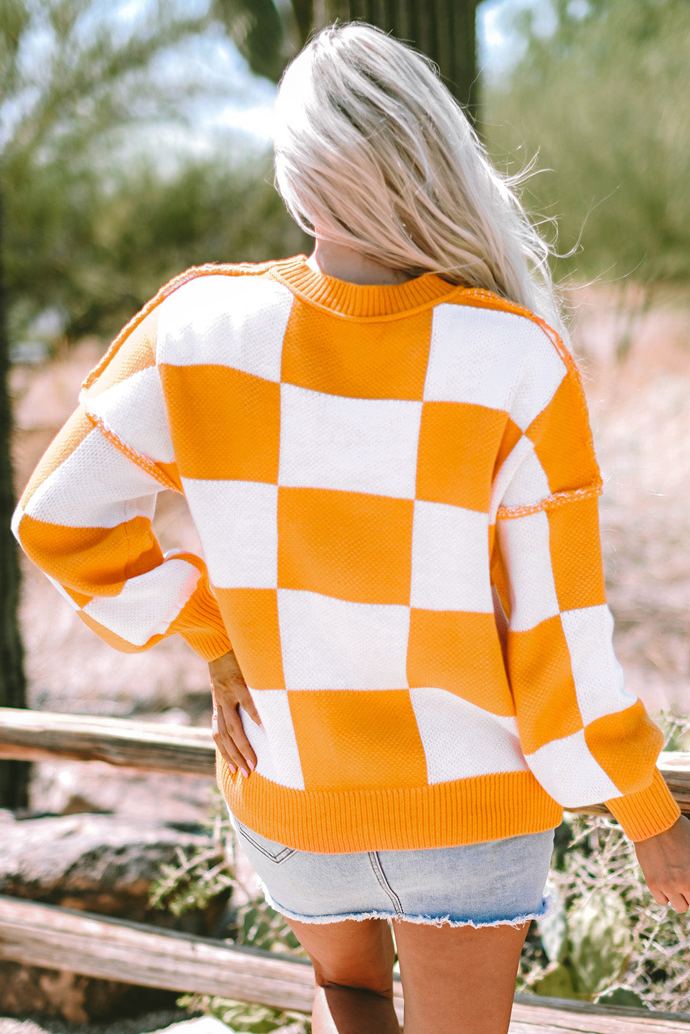 Orange Checkered Bishop Sleeve Sweater - Glimmer Road 