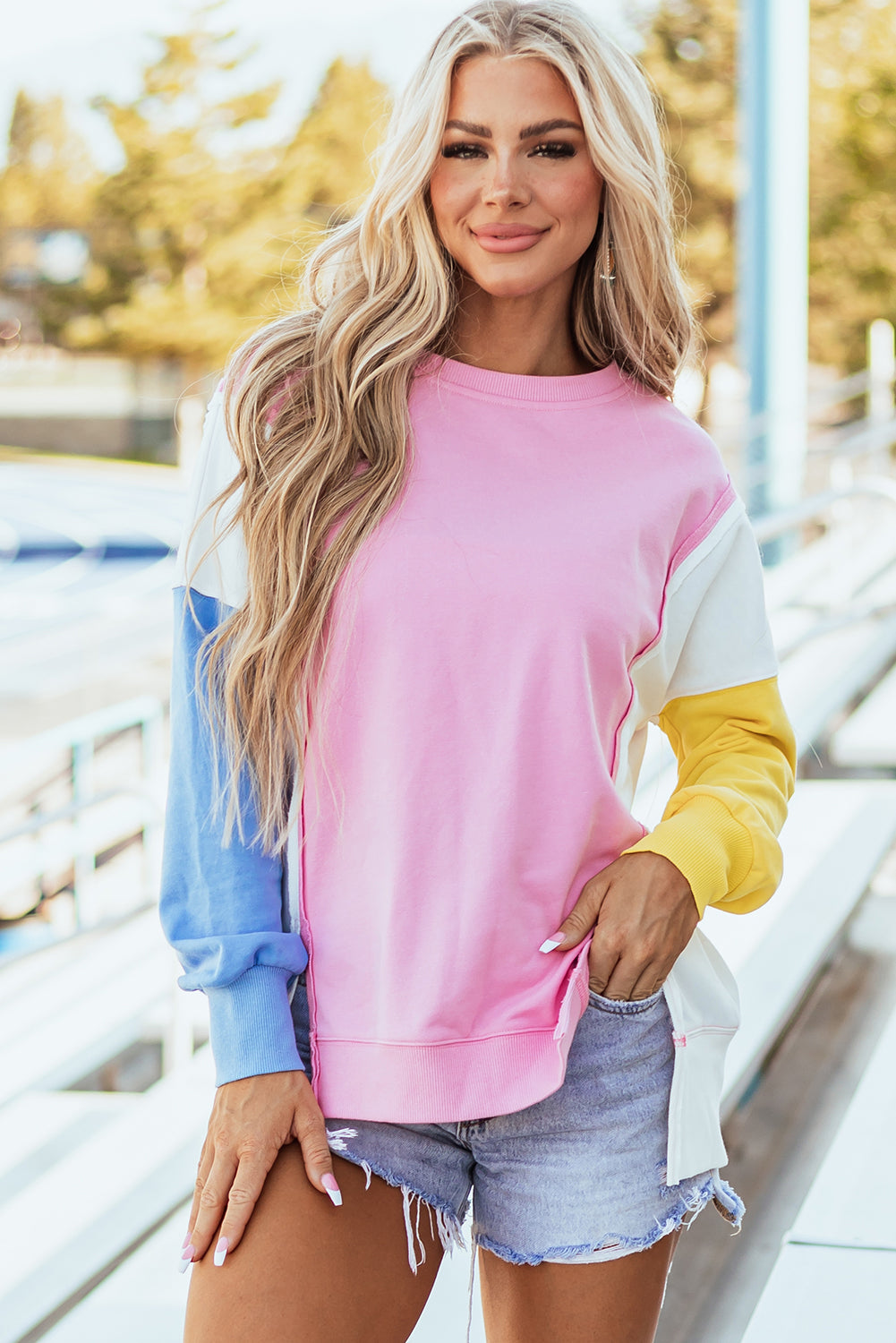 Bonbon Color Block Exposed Seam Side Slits Crewneck Sweatshirt - Glimmer Road 