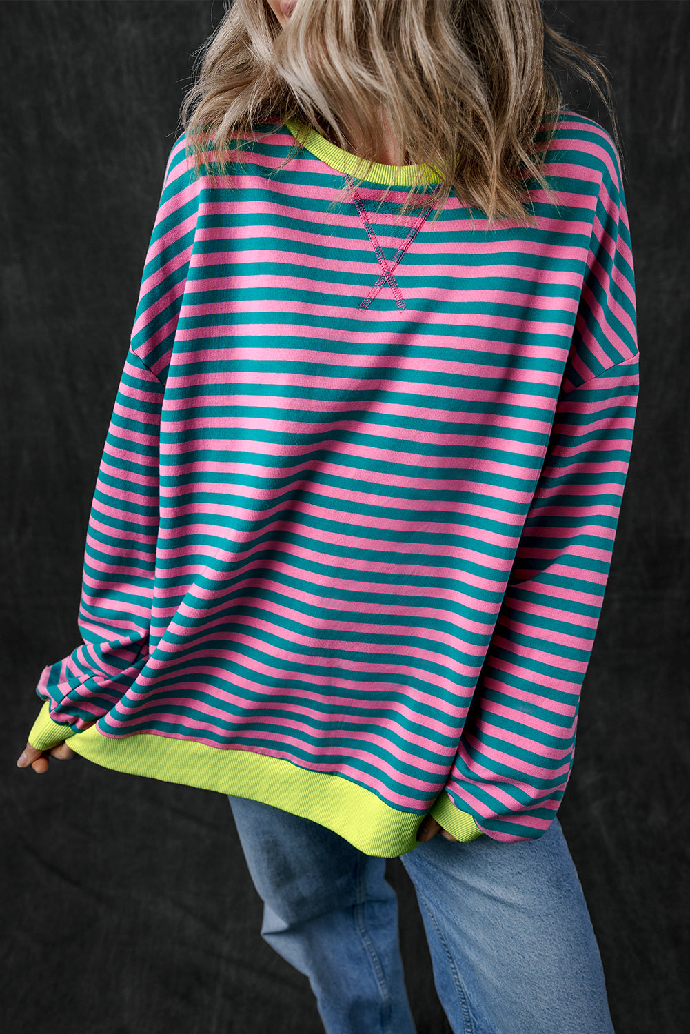 Green Stripe Oversized Contrast Trim Pullover Sweatshirt - Glimmer Road 