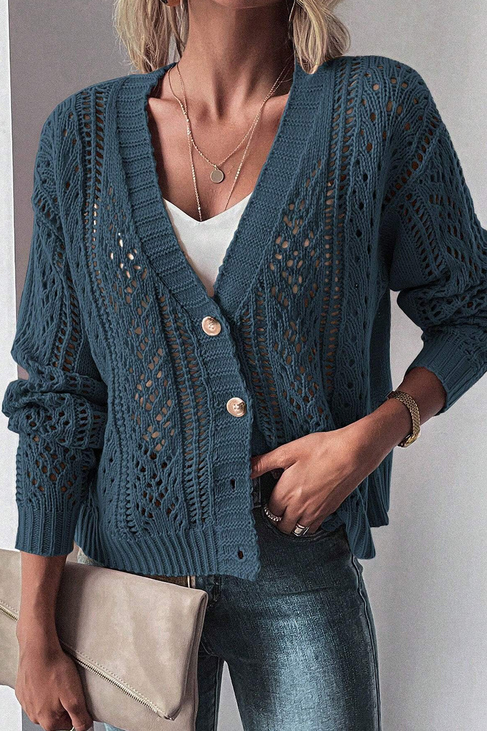 Real Teal Open Knit Drop Shoulder Sweater Cardigan - Glimmer Road 