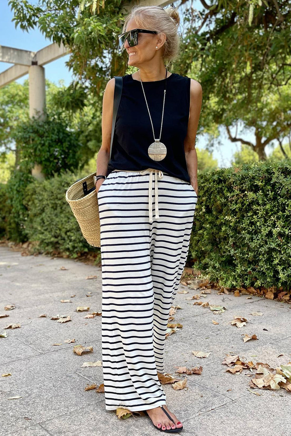 White Drawstring Striped Wide Leg Pants - Glimmer Road 