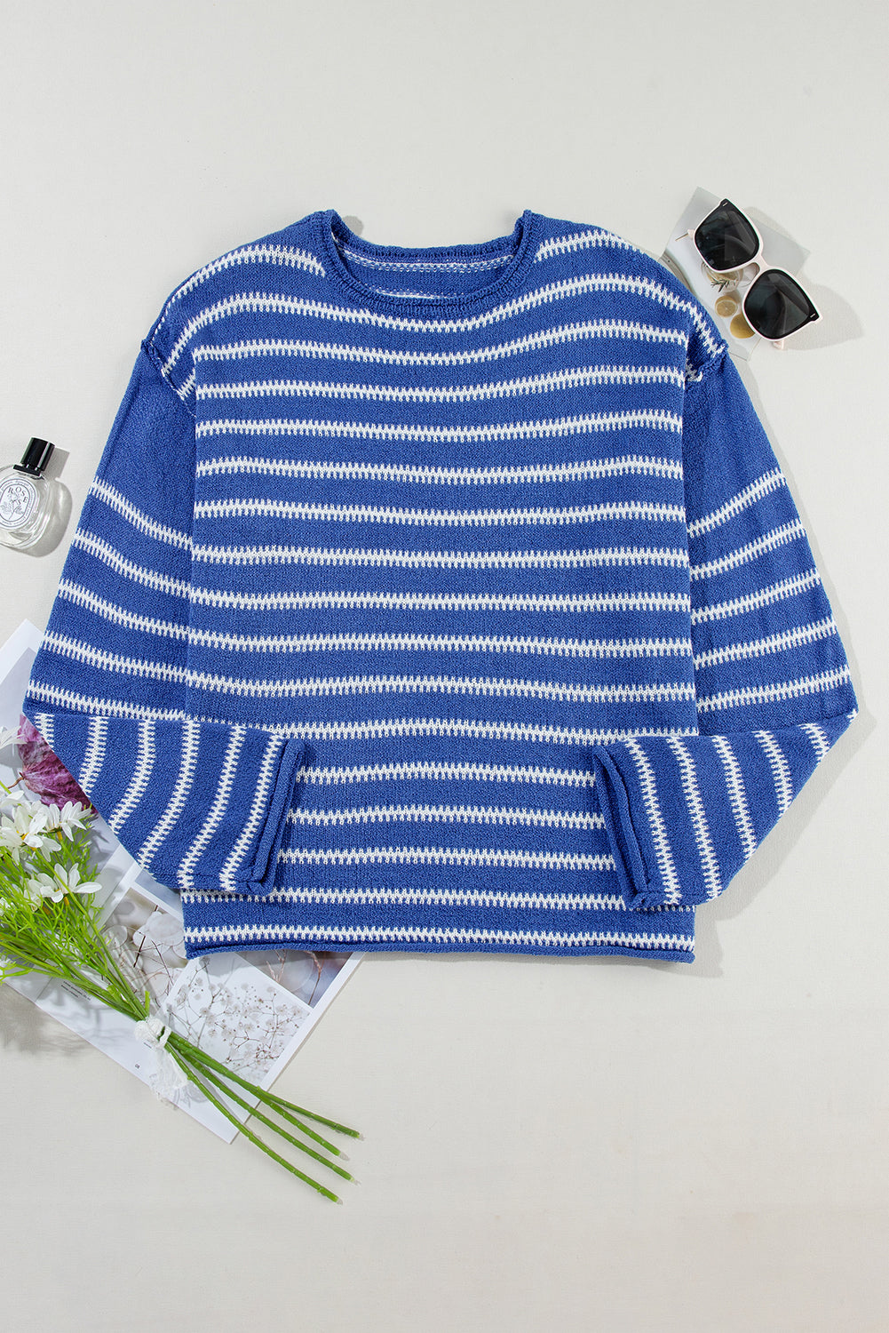 Sky Blue Stripe Drop Shoulder Casual Sweater - Glimmer Road 