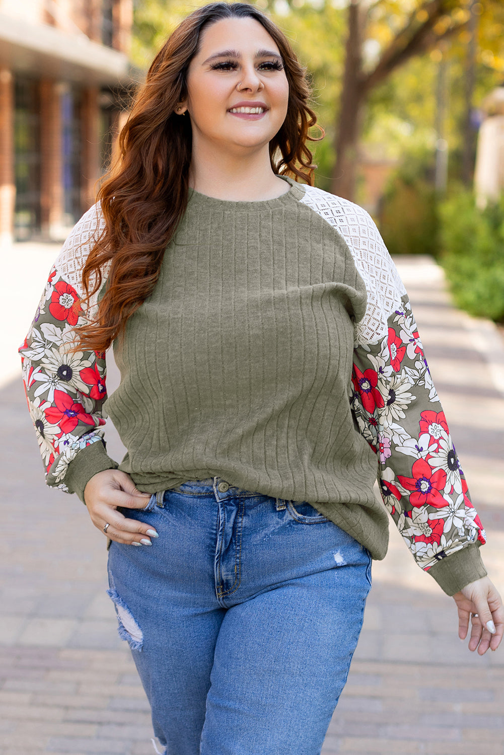 Vineyard Green Plus Size Textured Floral Patchwork Raglan Sleeve Blouse - Glimmer Road 